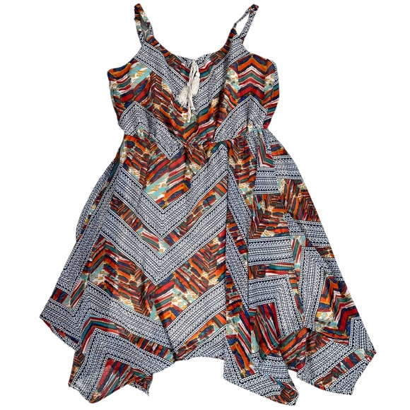 As You Wish size large colorful mini dress, tie at neck, asymmetrical hem, EUC - Picture 3 of 13